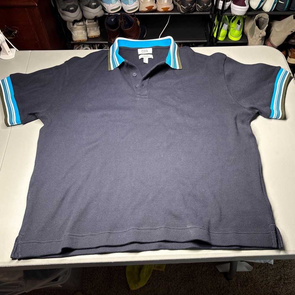 COS Relaxed Fit Waffle Knit Polo Shirt Navy Blue Stripe Collar Men's XL